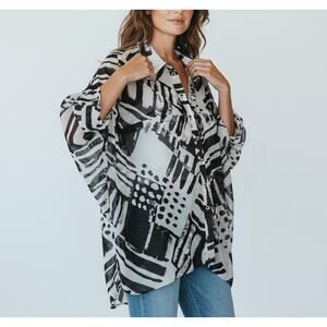 Michael Tyler Chiffon Cocoon Topper Tunic 1X White Black Art to Wear Lagenlook